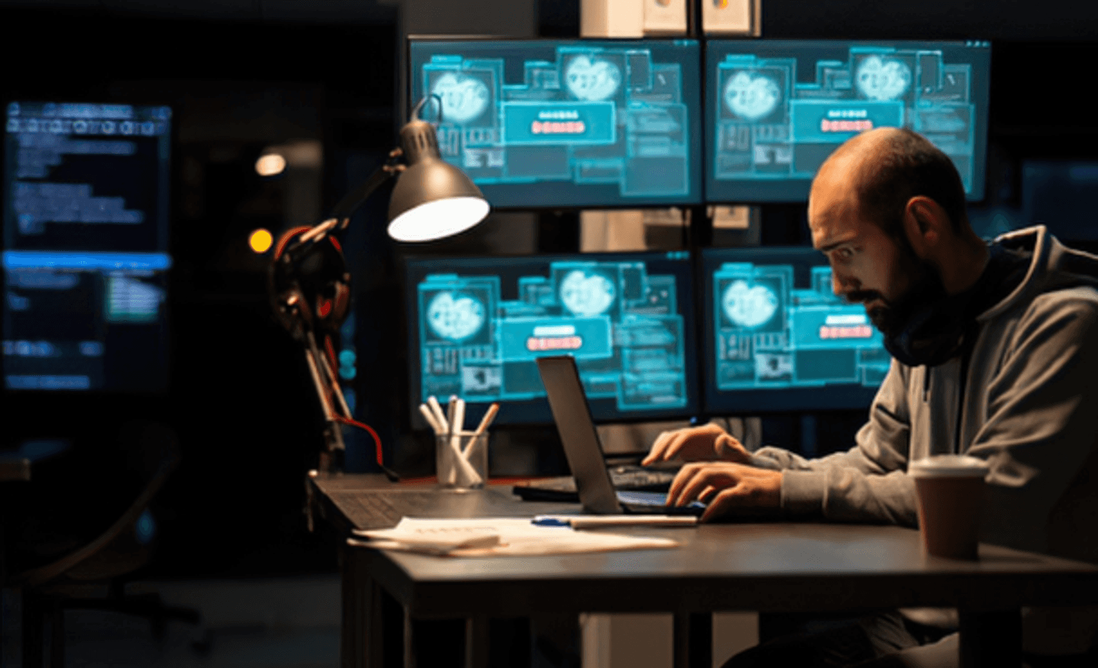 Person sat in front of a laptop with multiple screens behind. EN 18031 or ETSI EN 303 645: Which One Applies to Your Connected Product?