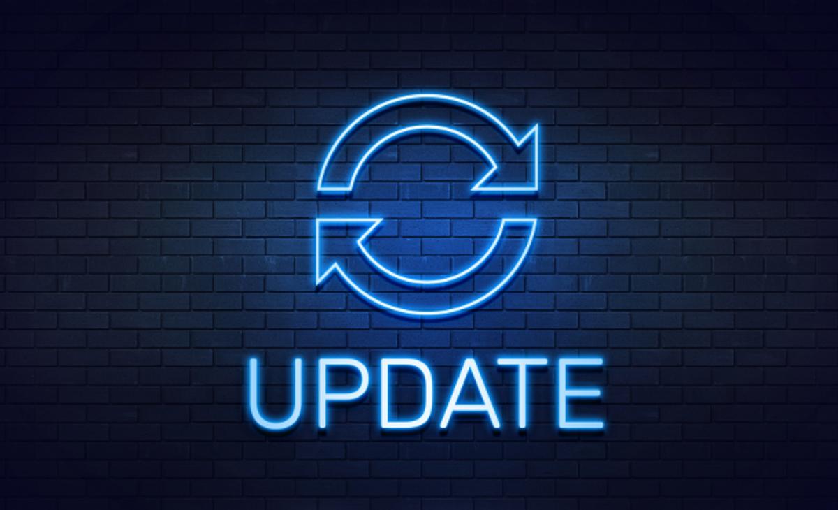 EN 18031 evidence maintenance after firmware updates. The word "UPDATE" on a blue brick wall with two arrows forming a circle above.